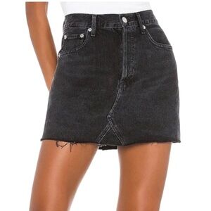 Agolde Quinn black high rise denim skirt button fly raw hem distressed luxury